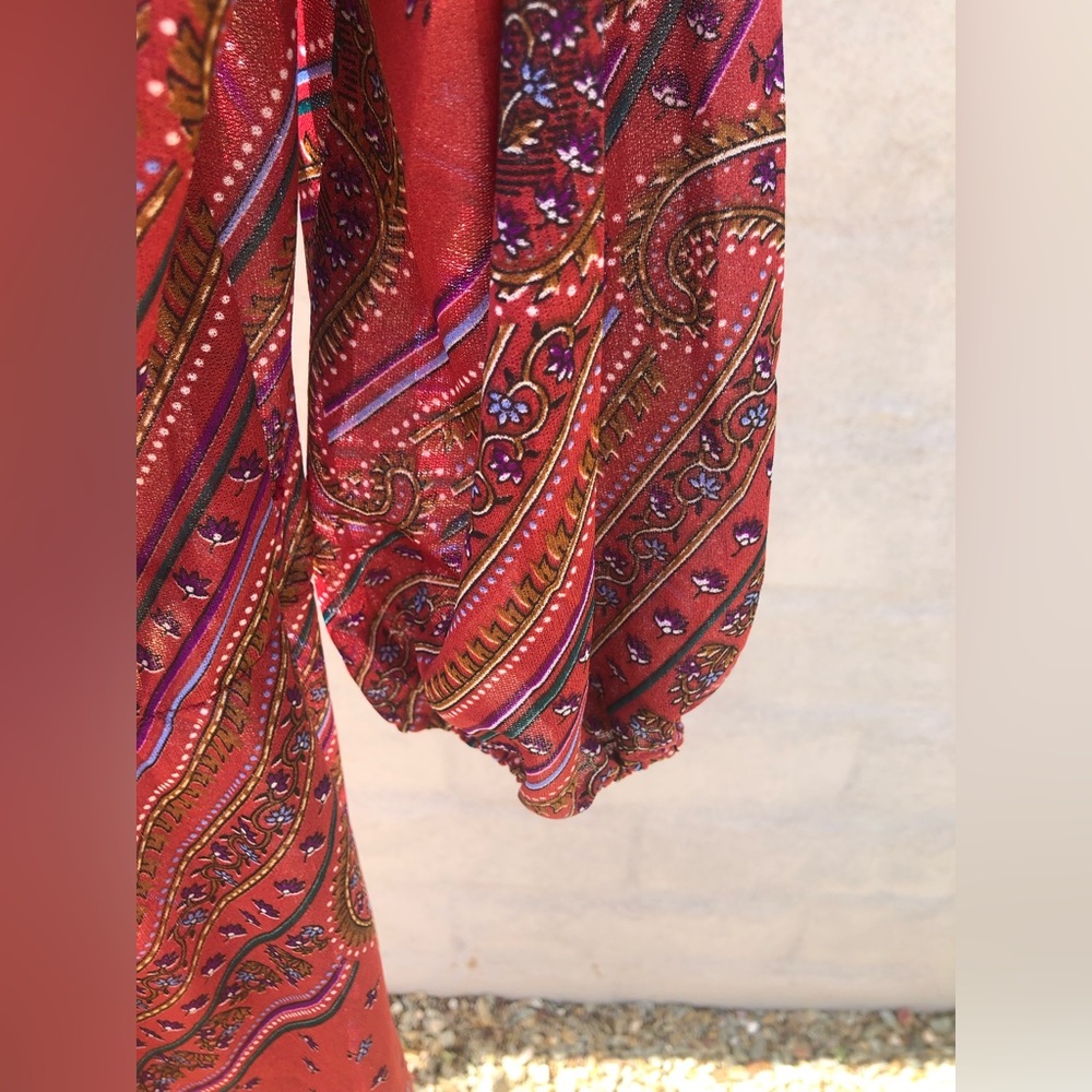 Vintage 70s sheer boho paisley dress with button detail cinched three quarter - Picture 13 of 16